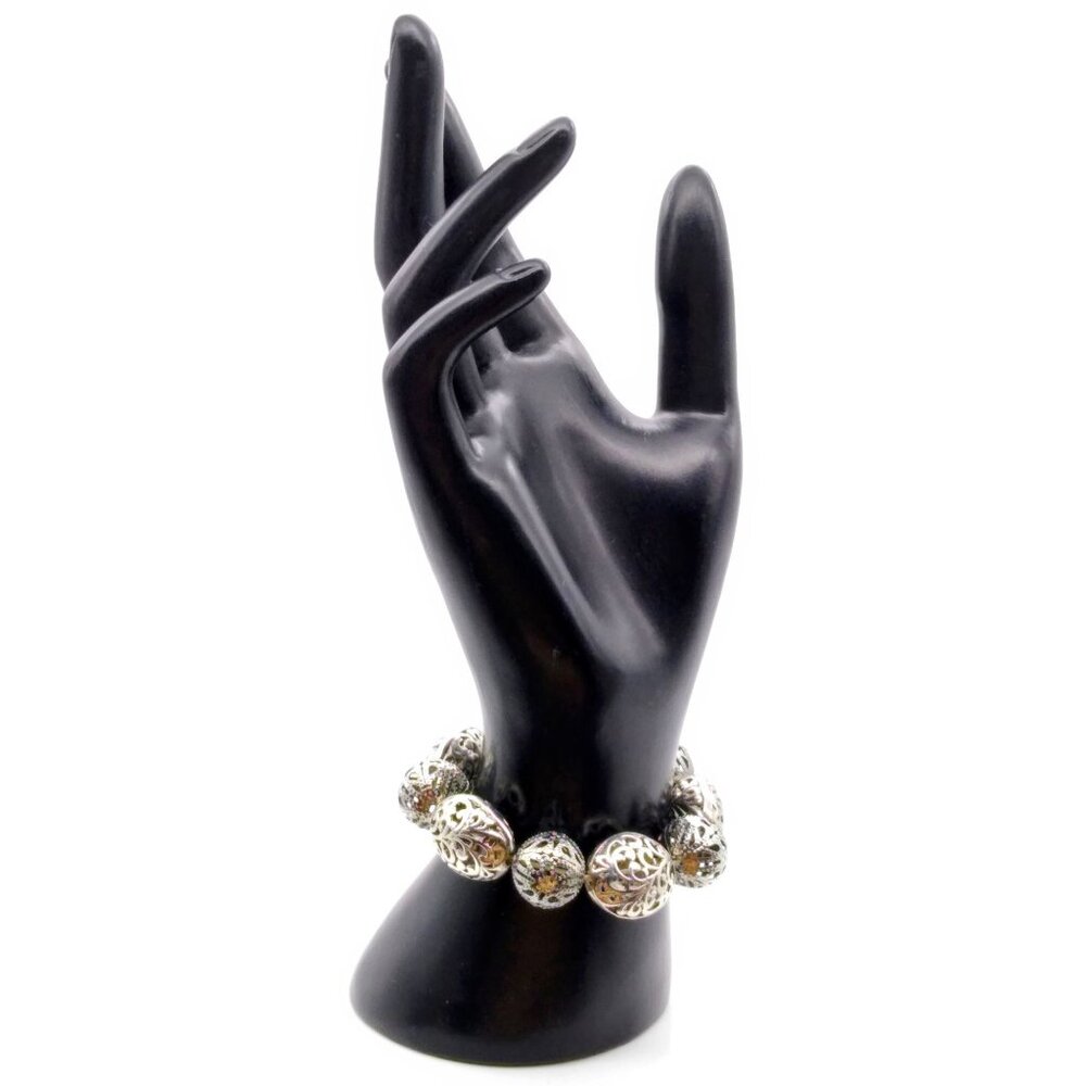 Vintage Filigree Beaded Bracelet, Silver Tone Bangle on Stretch Band